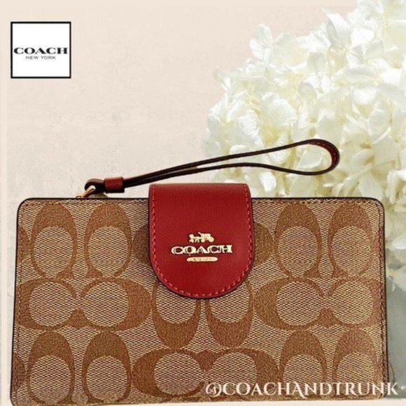 AUTHENTIC COACH Tech Phone Wallet Khaki Signature Canvas Leather Cherry Red - Picture 1 of 9